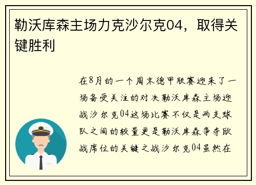 勒沃库森主场力克沙尔克04，取得关键胜利