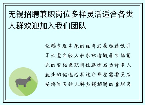 无锡招聘兼职岗位多样灵活适合各类人群欢迎加入我们团队