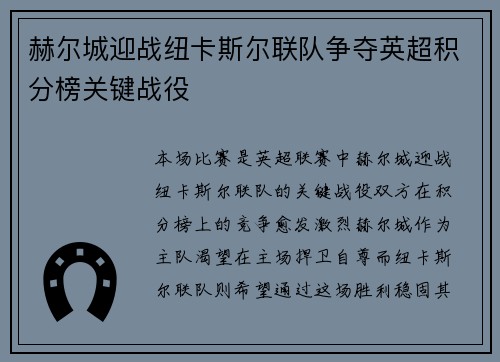 赫尔城迎战纽卡斯尔联队争夺英超积分榜关键战役